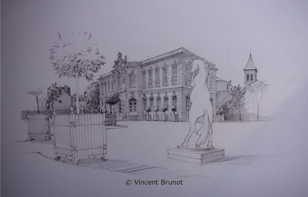Vue du chateau d'Asnieres avec son cheval, Asnières sur Seine - Dessin de Vincent Brunot