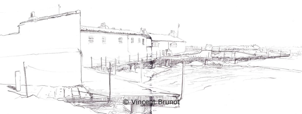Petitpontdeloixetancienmoulinamaree, Île de Ré - Dessin de Vincent Brunot