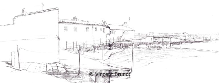 Petitpontdeloixetancienmoulinamaree, Île de Ré - Dessin de Vincent Brunot