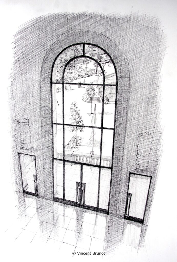 Place de la mairie vue du centre administratif, Asnières sur Seine - Dessin de Vincent Brunot