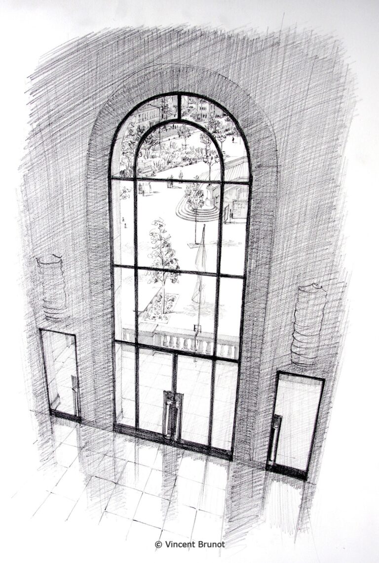 Place de la mairie vue du centre administratif, Asnières sur Seine - Dessin de Vincent Brunot