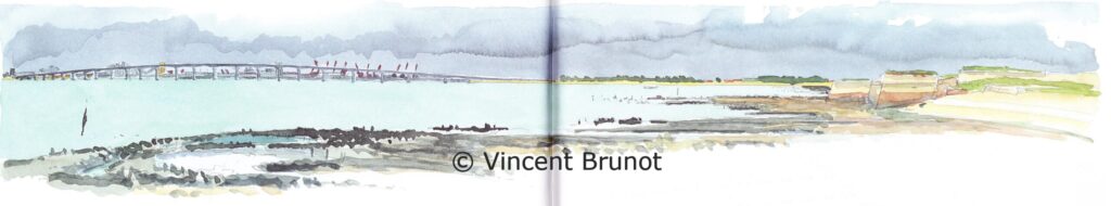 Vuesurlepontdereetbaiederivedoux, Île de Ré - Dessin de Vincent Brunot