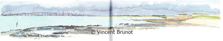 Vuesurlepontdereetbaiederivedoux, Île de Ré - Dessin de Vincent Brunot