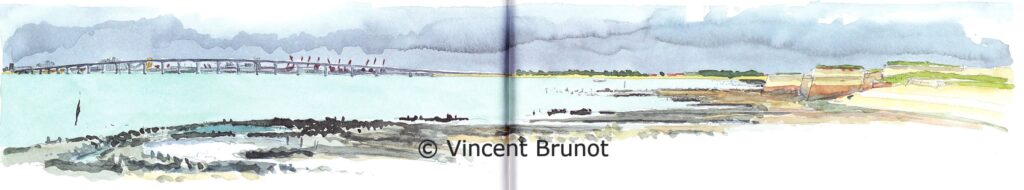 Vuesurlepontdereetbaiederivedoux, Île de Ré - Dessin de Vincent Brunot