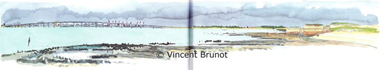 Vuesurlepontdereetbaiederivedoux, Île de Ré - Dessin de Vincent Brunot